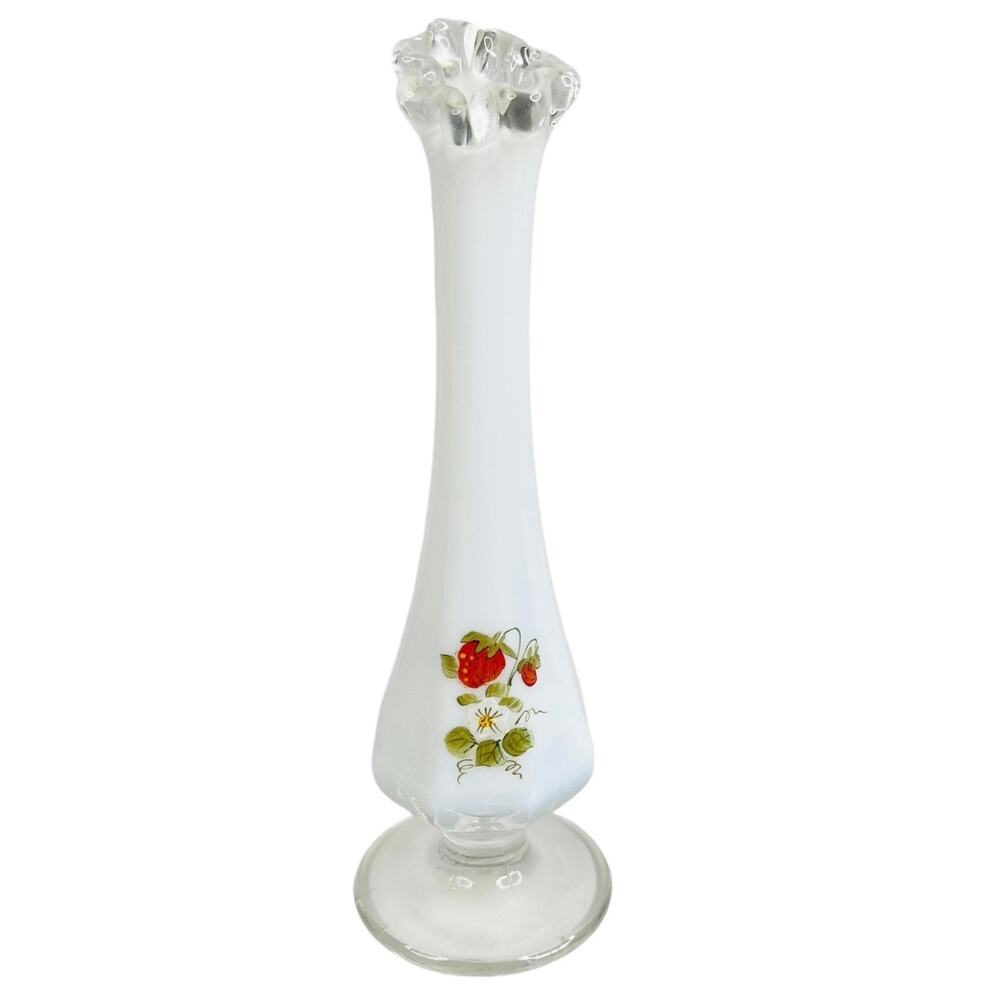 Fenton White Glass Bud Vase 8” Strawberries Signed Hand Painted Flower Vase Vtg